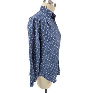 Chaps Denim 100% Cotton Pullover Prairie Blouse Blue/White Floral Sz S